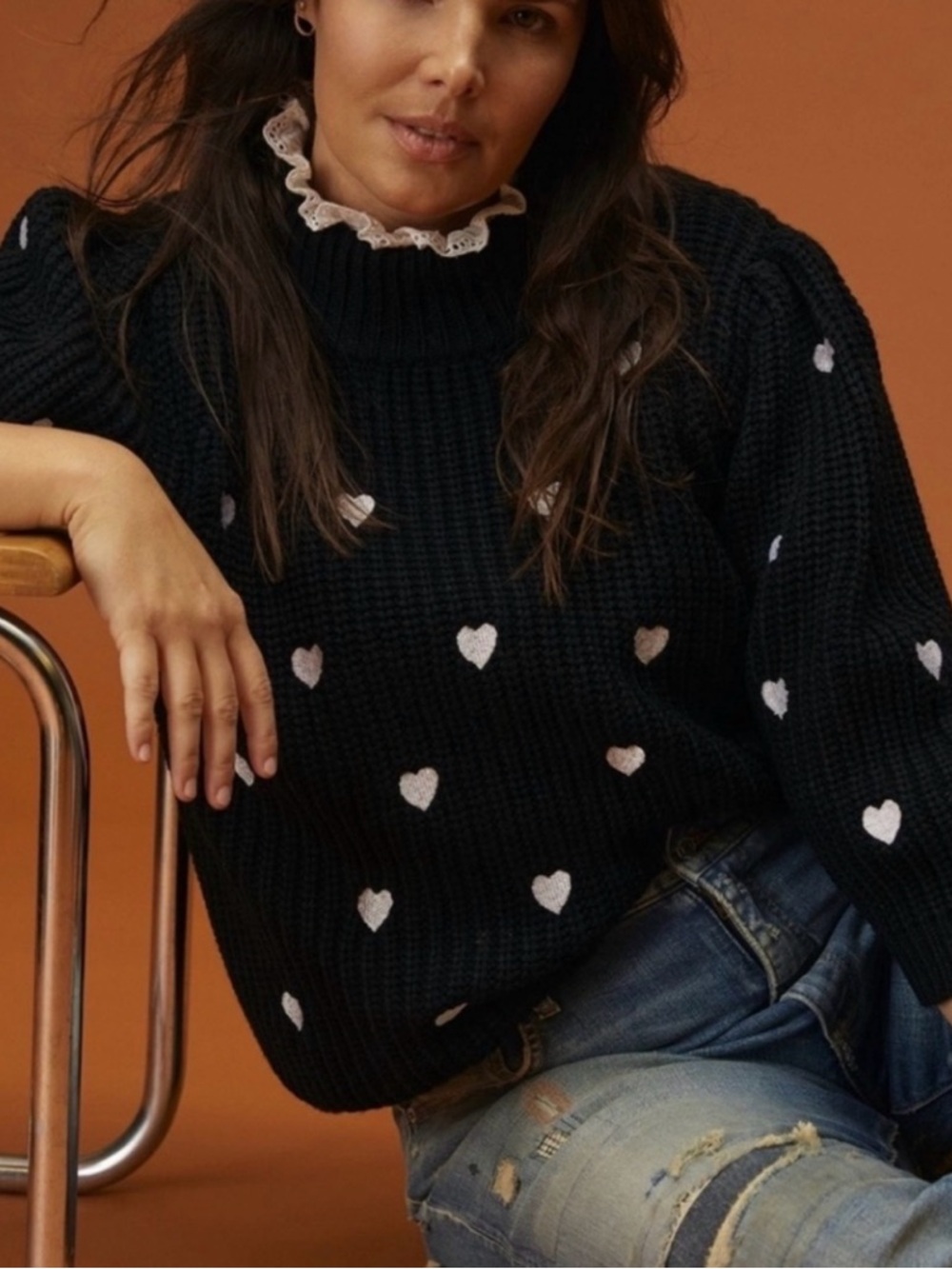 Anthropologie Black Sweater with Embroidered White Heart